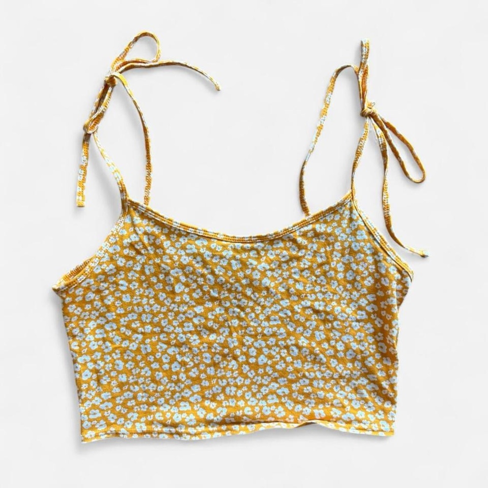 Pacsun Basics Yellow floral crop top with adjustable tie traps Medium